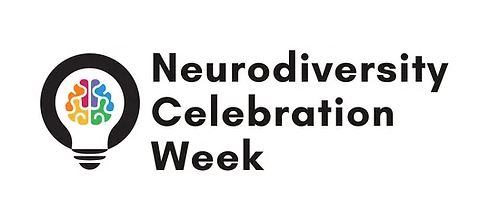 Neurodiversity Celebration Week in black letters. To the left is a lightbulb shape with a colourful brain inside surrounded by a black circle. 