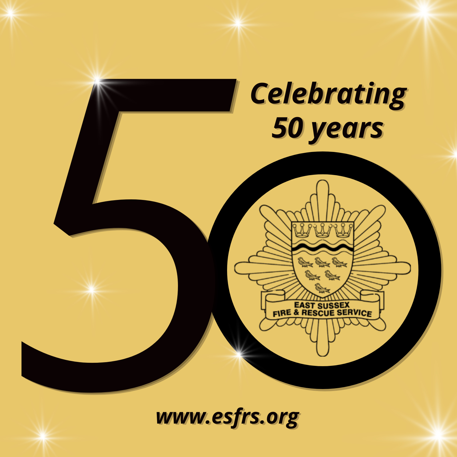 Gold background with black writing 'Celebrating 50 years', large number 50 in black with the ESFRS crest inside the zero. www.esfrs.org at the bottom centre. Twinkling stars across picture.