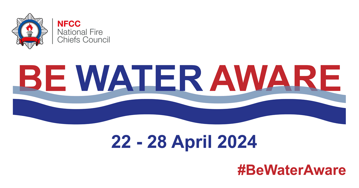 NFCC branded Blue and red logo with text BE WATER AWARE in blue and red with blue wavy lines with 22-28 April 2024 in blue and #BeWaterAware in red underneath