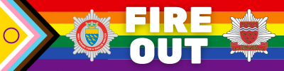 Intersex inclusive Pride Progress Rainbow flag with words in white FIRE OUT (staff network) and West Sussex and East Sussex FRS crest badges on wither side of FIRE OUT